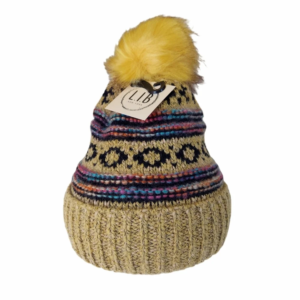 L.I.B New York Hat Beanie Mustard Yellow Womens Cable Knit Warm Faux Fur Pom New